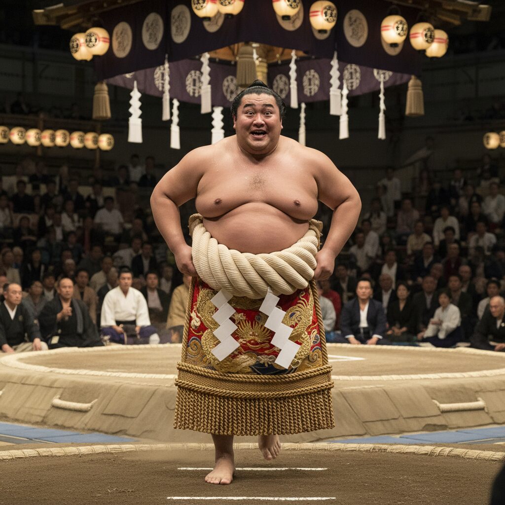 化粧まわしを急いで持ち上げ走る大相撲力士・宇良関。土俵入りの後、次の場所に移動する瞬間のユニークな姿。