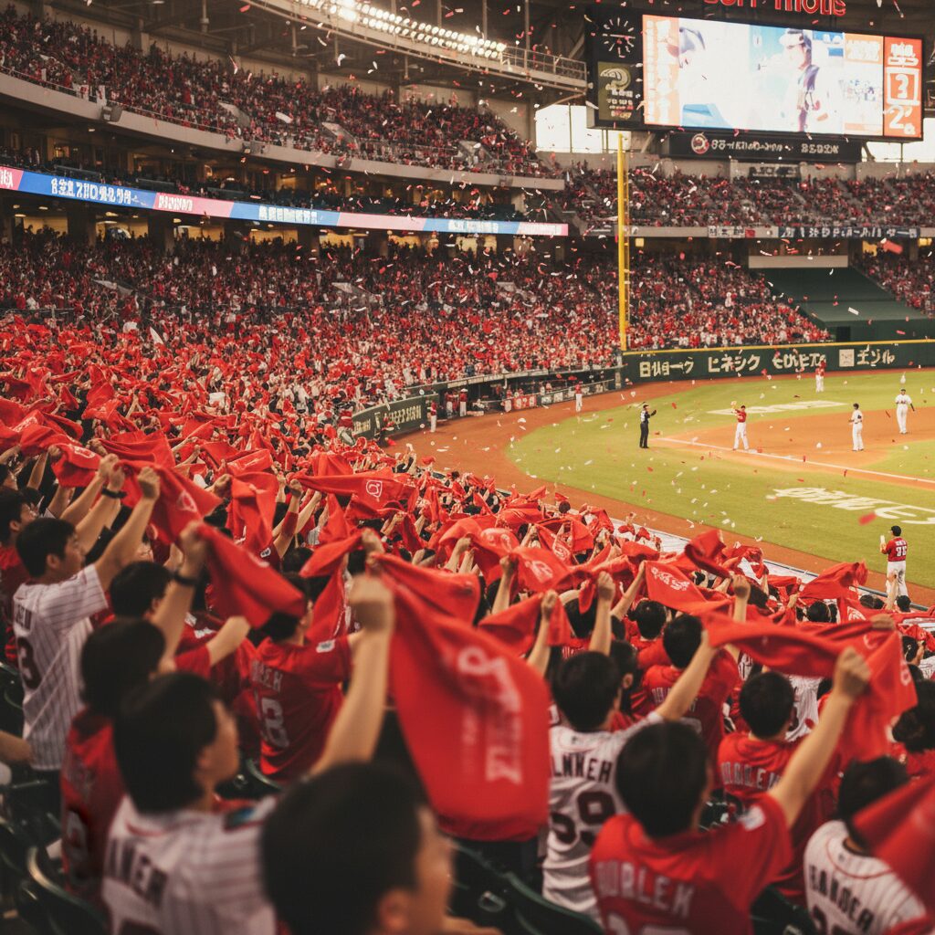 阪神タイガースの試合で、大山悠輔選手を応援する赤いタオルがスタンドを埋め尽くす光景。ファンの一体感と熱気が伝わる。