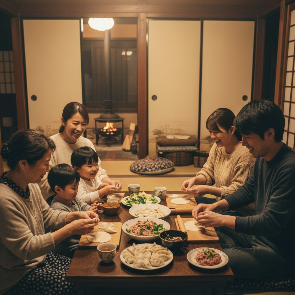 家族団らんの食卓で餃子を作る村井嘉浩知事の家族をイメージしたイラスト。