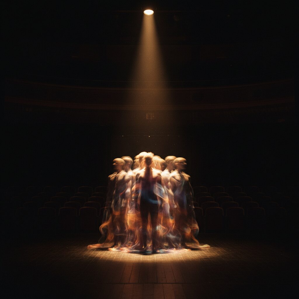 ステージに立つゴールデンボンバーメンバーのシルエット。過去の不祥事とその乗り越えを象徴する光と影のコントラスト。