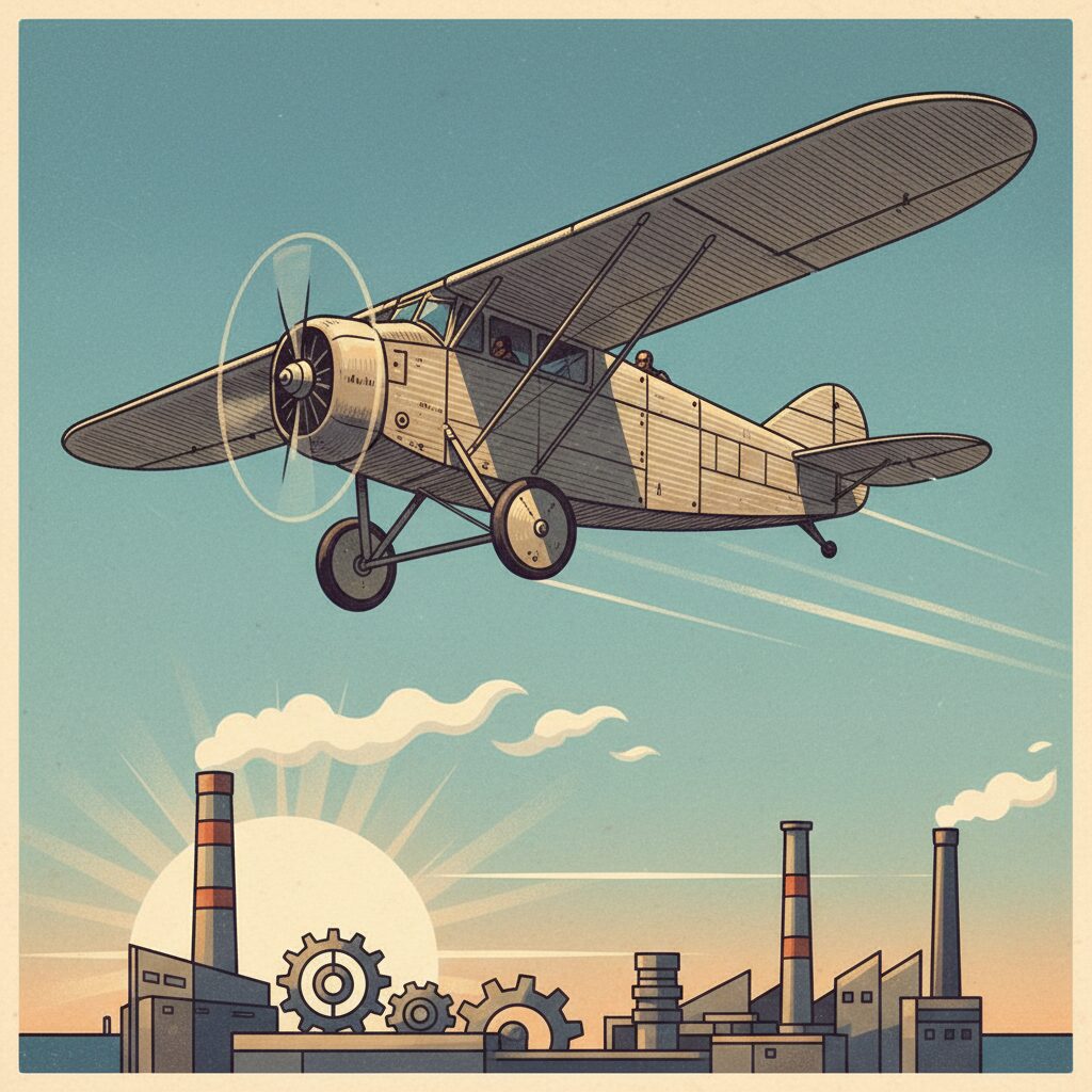 青空を飛ぶユンカースJ1のような全金属製航空機のイラスト。革新的な航空技術の象徴。