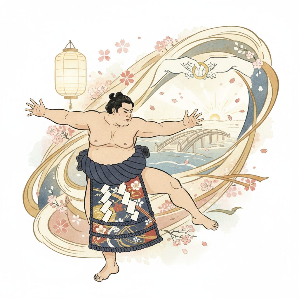 土俵で力強く構える炎鵬関のシルエットと、背景に溶け込む柔らかな結婚のイメージ