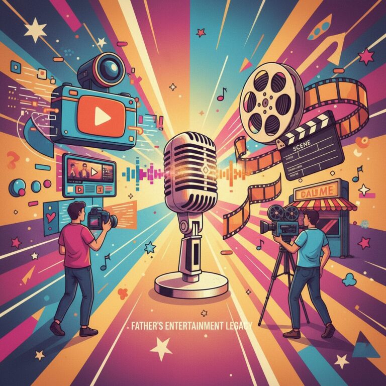 YouTubeとハリウッドを象徴するアイコンが描かれ、大村崑さんの息子たちの多様なキャリアパスを示すイラスト。
