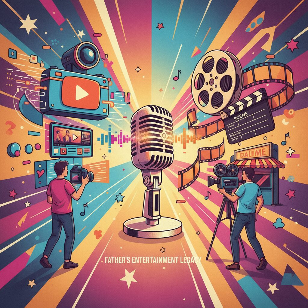 YouTubeとハリウッドを象徴するアイコンが描かれ、大村崑さんの息子たちの多様なキャリアパスを示すイラスト。