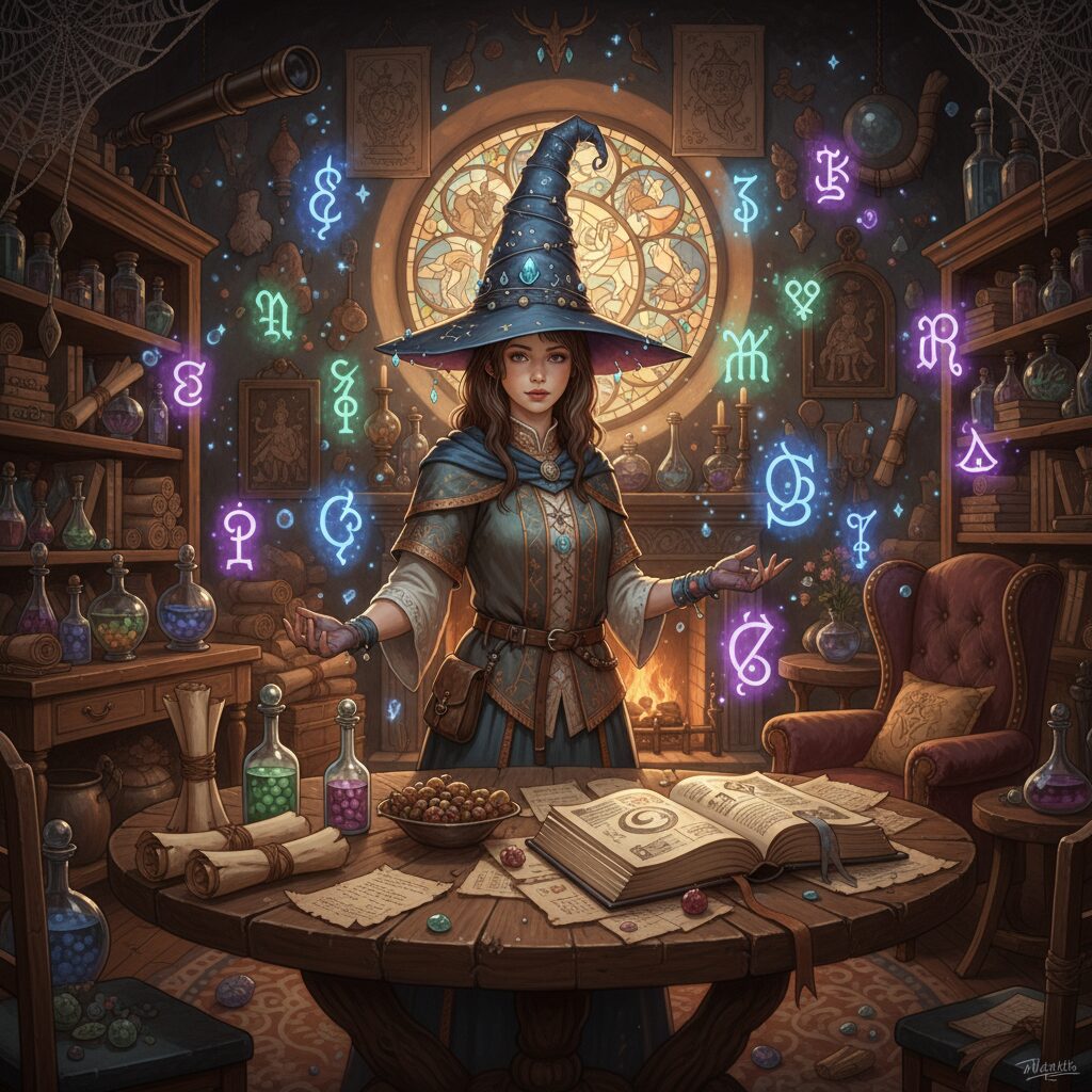 とんがり帽子のアトリエ14巻のイラスト。主人公ココが魔法のアトリエで真剣な表情で本を読んでいる。