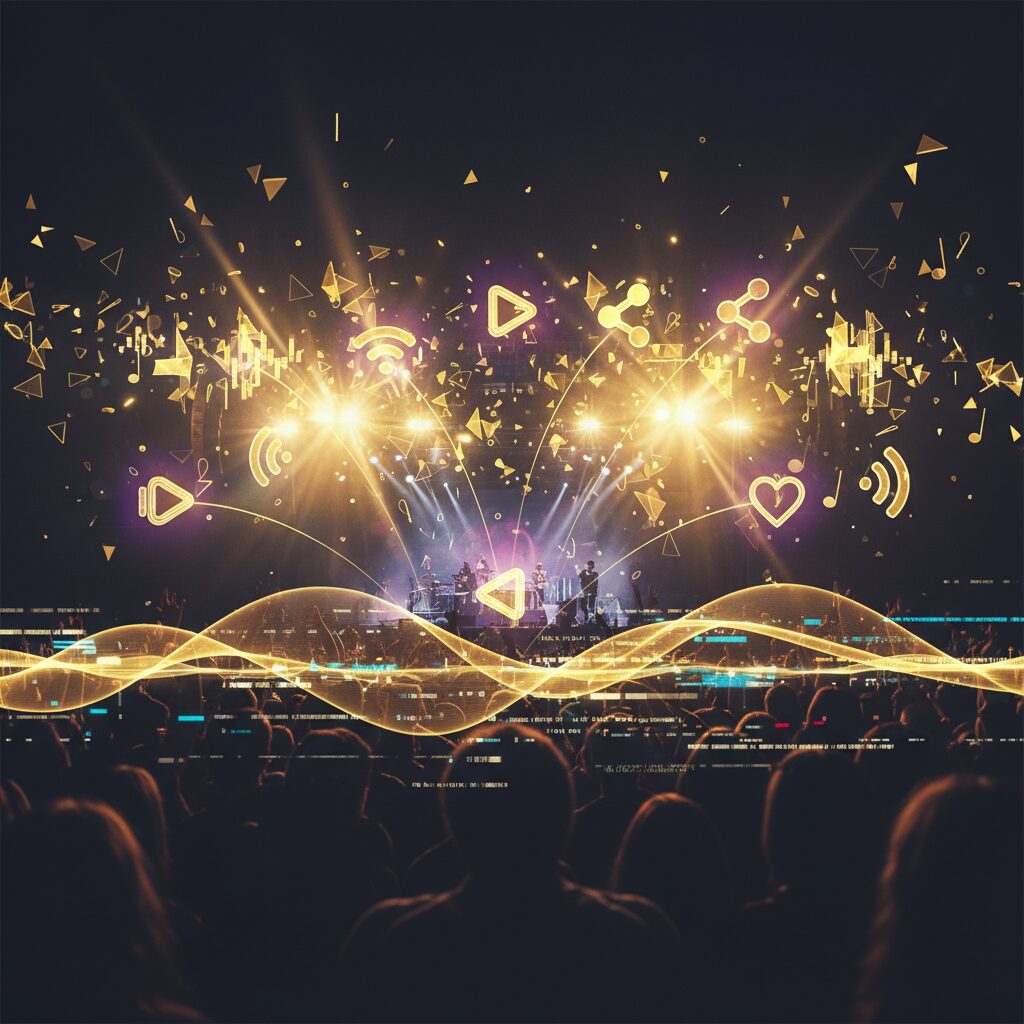 ゴールデンボンバーのライブステージで、色とりどりの光が交錯し、熱狂する観客が手を上げている様子。