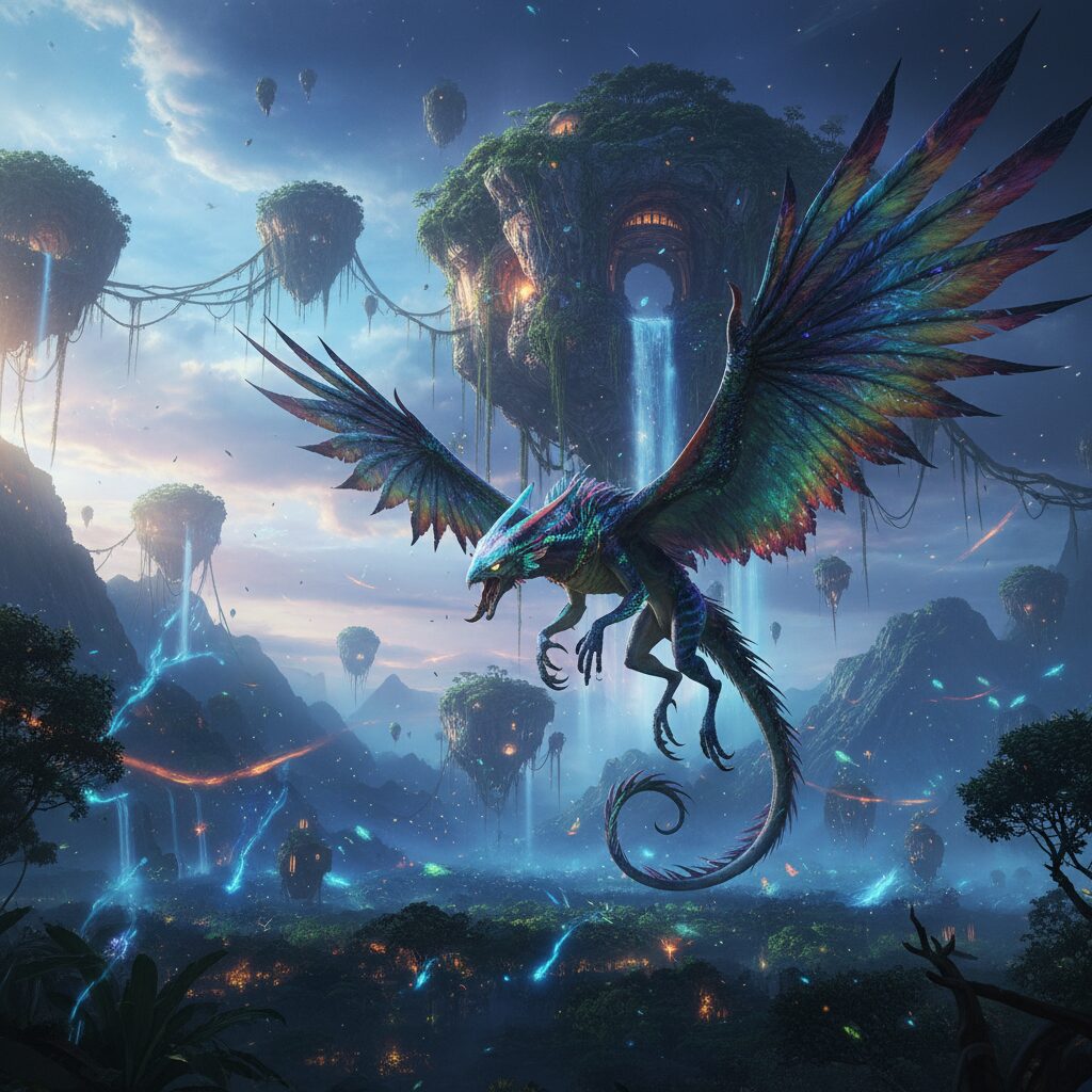 マウンテンバンシーがパンドラの浮遊山脈の上を飛ぶ「アバター：フライト・オブ・パッセージ」のイメージ。