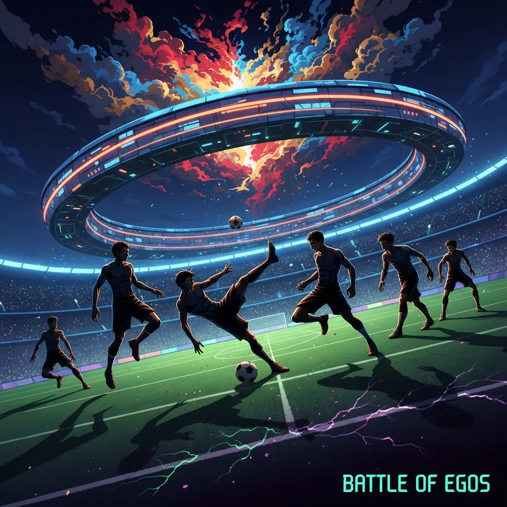 ブルーロック実写映画化のイメージイラスト。サッカーグラウンドで躍動する選手たちのシルエットと、未来的なスタジアムが描かれている。