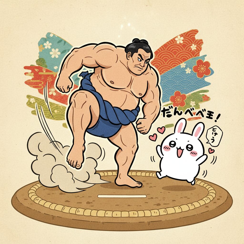 大相撲の宇良関と人気キャラクター「ちいかわ」のうさぎがコラボした懸賞旗をイメージしたイラスト。力強い宇良関と可愛いうさぎが相撲を盛り上げている。