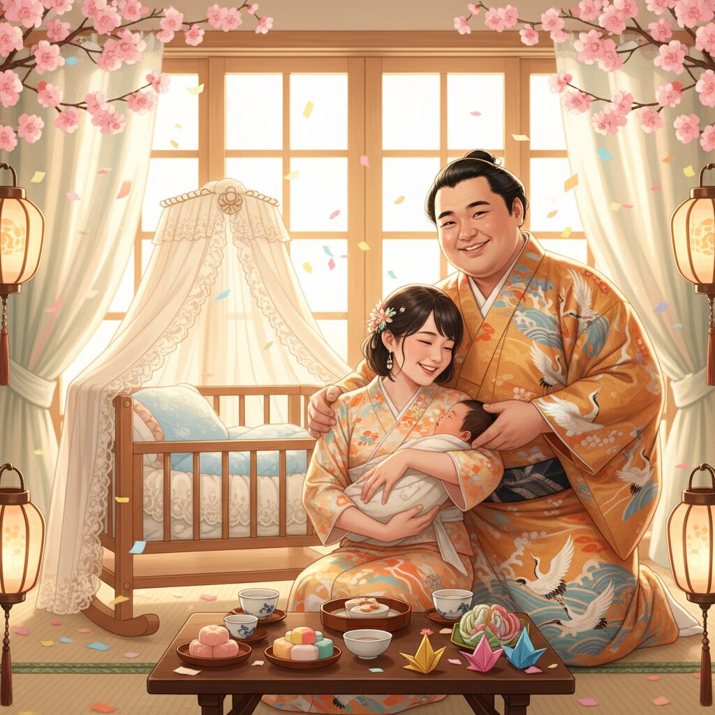 大相撲力士・翠富士関と妻の川本千尋さんが笑顔で並び、長女も祝う結婚式の様子