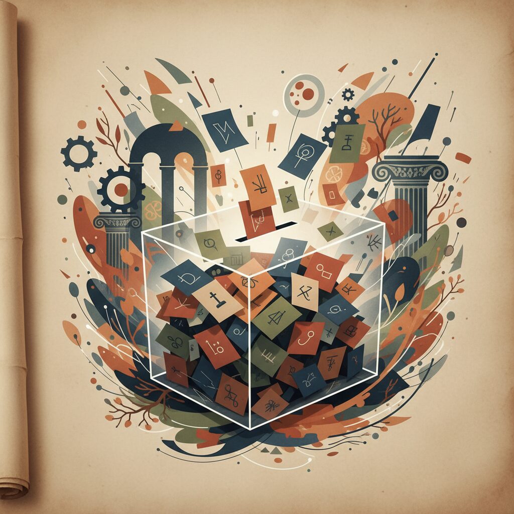 中選挙区制の概念を示すグラフィック。投票箱と多様な票が描かれ、日本の政治制度の過去と現在を象徴している。