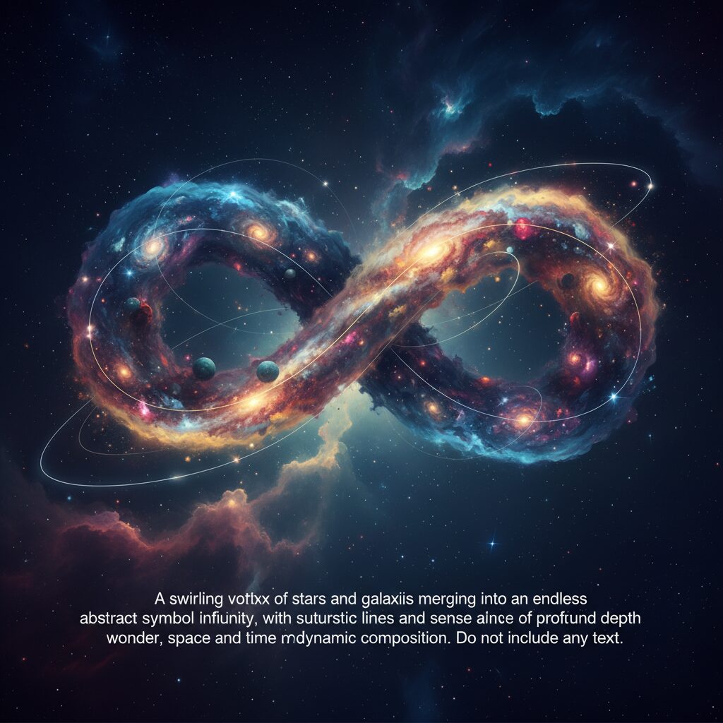 星々が渦巻く無限大のシンボルが描かれた抽象的な画像