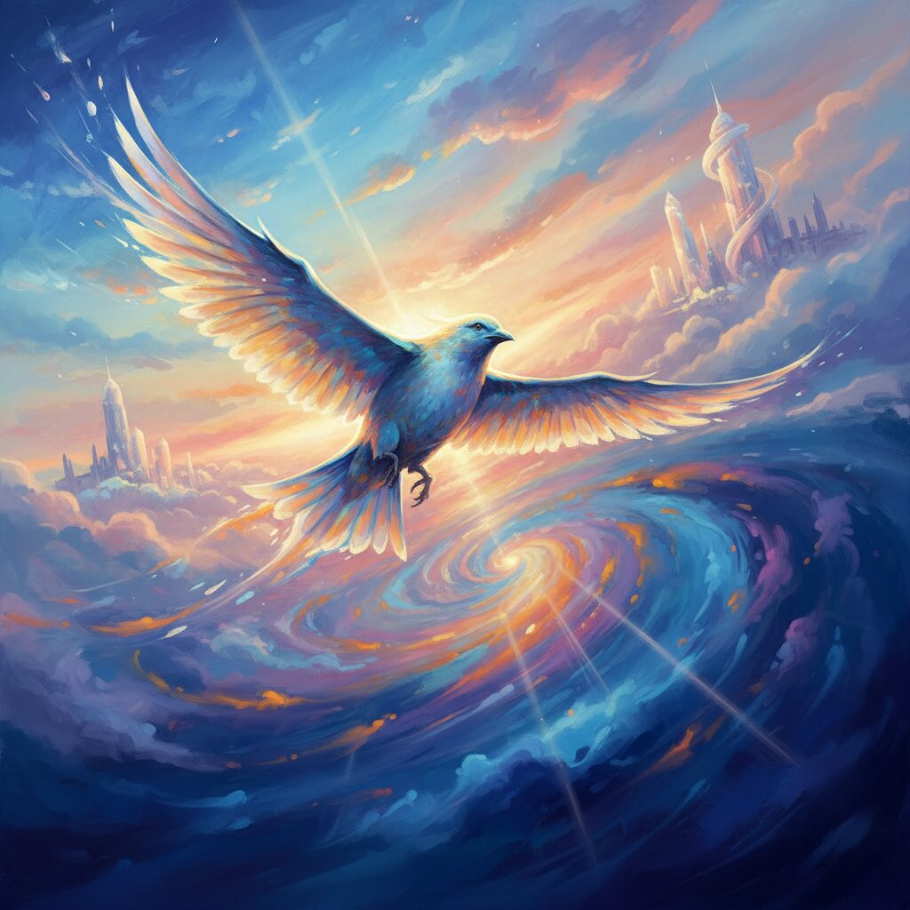 大空を舞う鳥と未来都市のシルエット。林原めぐみ「翼をください」の感動的なイメージ。