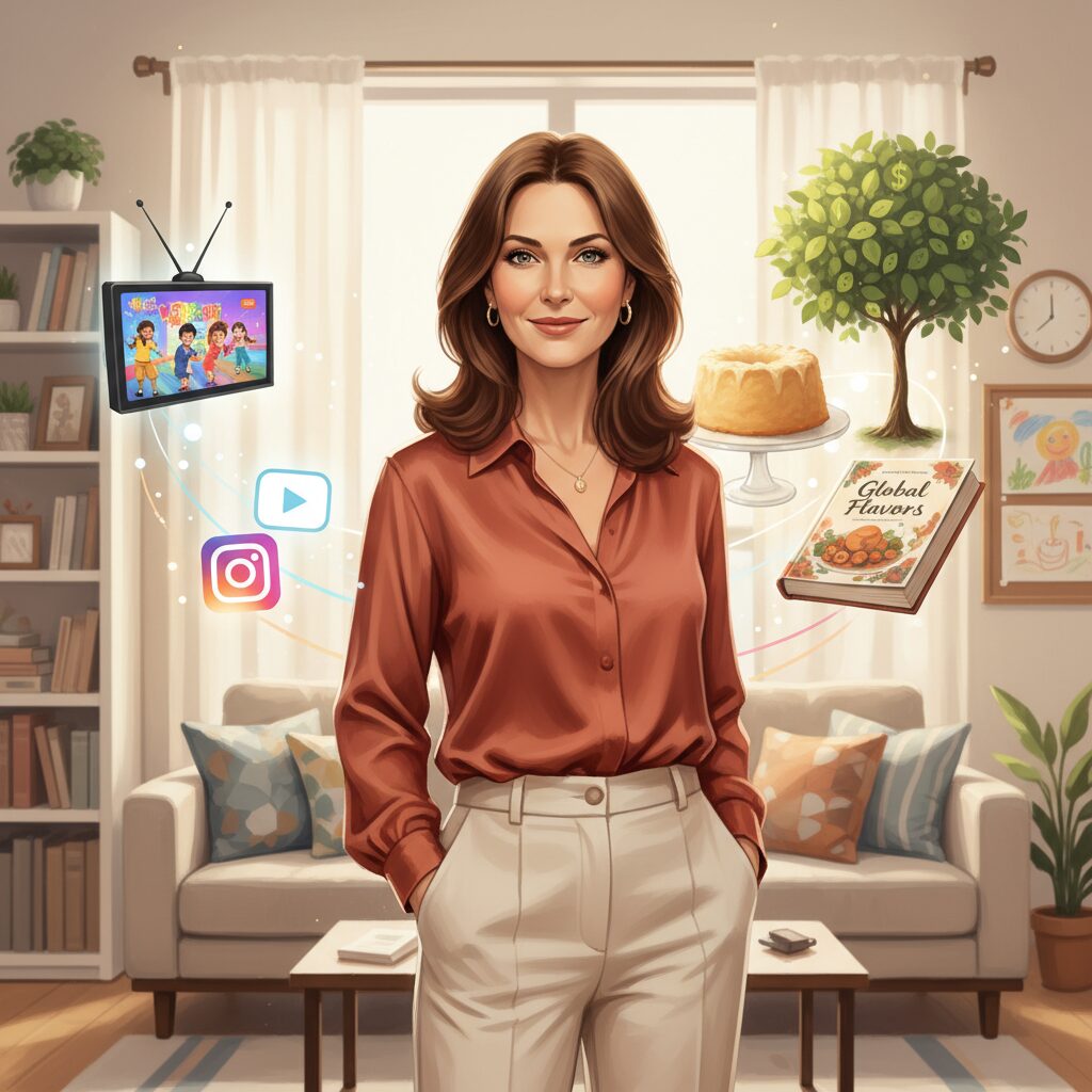 小倉優子さんがテレビ出演、SNS、商品プロデュース、投資など多角的な収入源を持つ様子を描いたイラスト