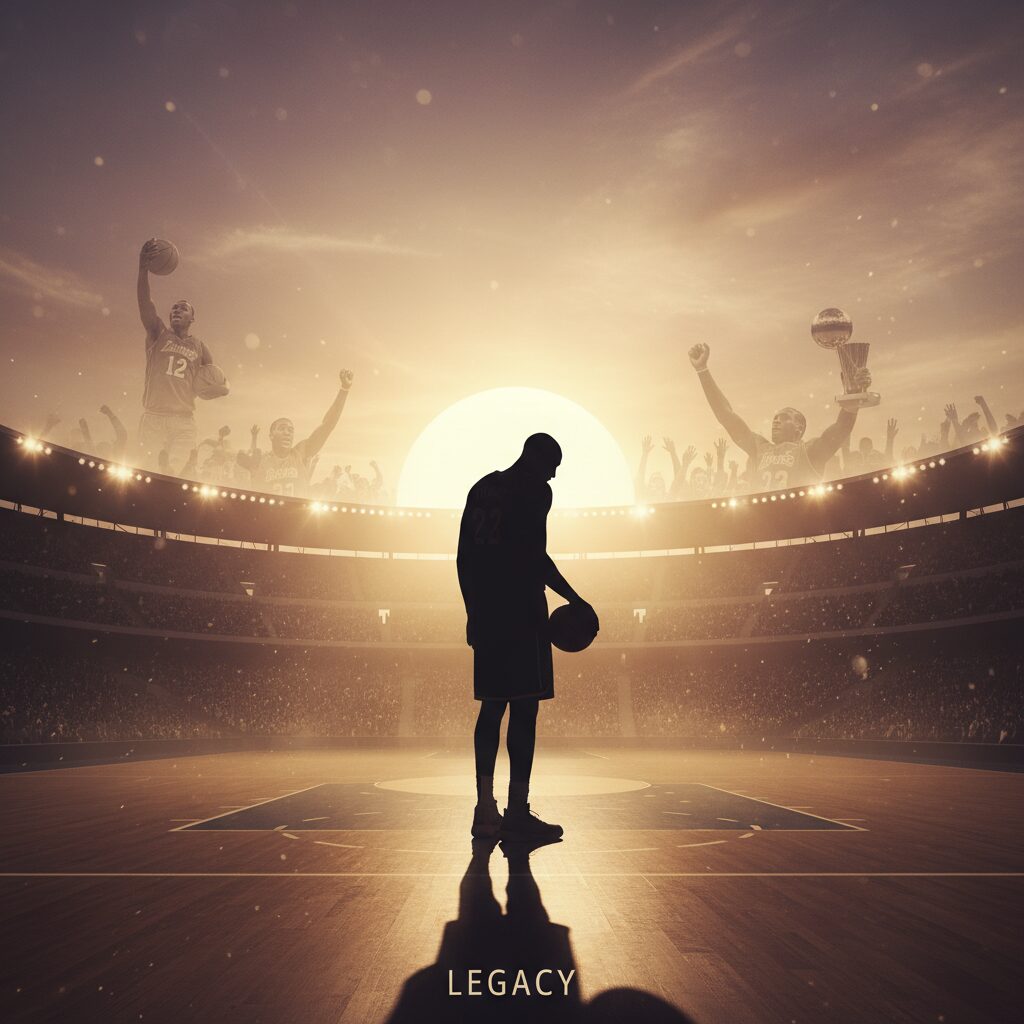 夕日に立つバスケットボール選手のシルエット。レブロン・ジェームズのキャリアの終わりを象徴。