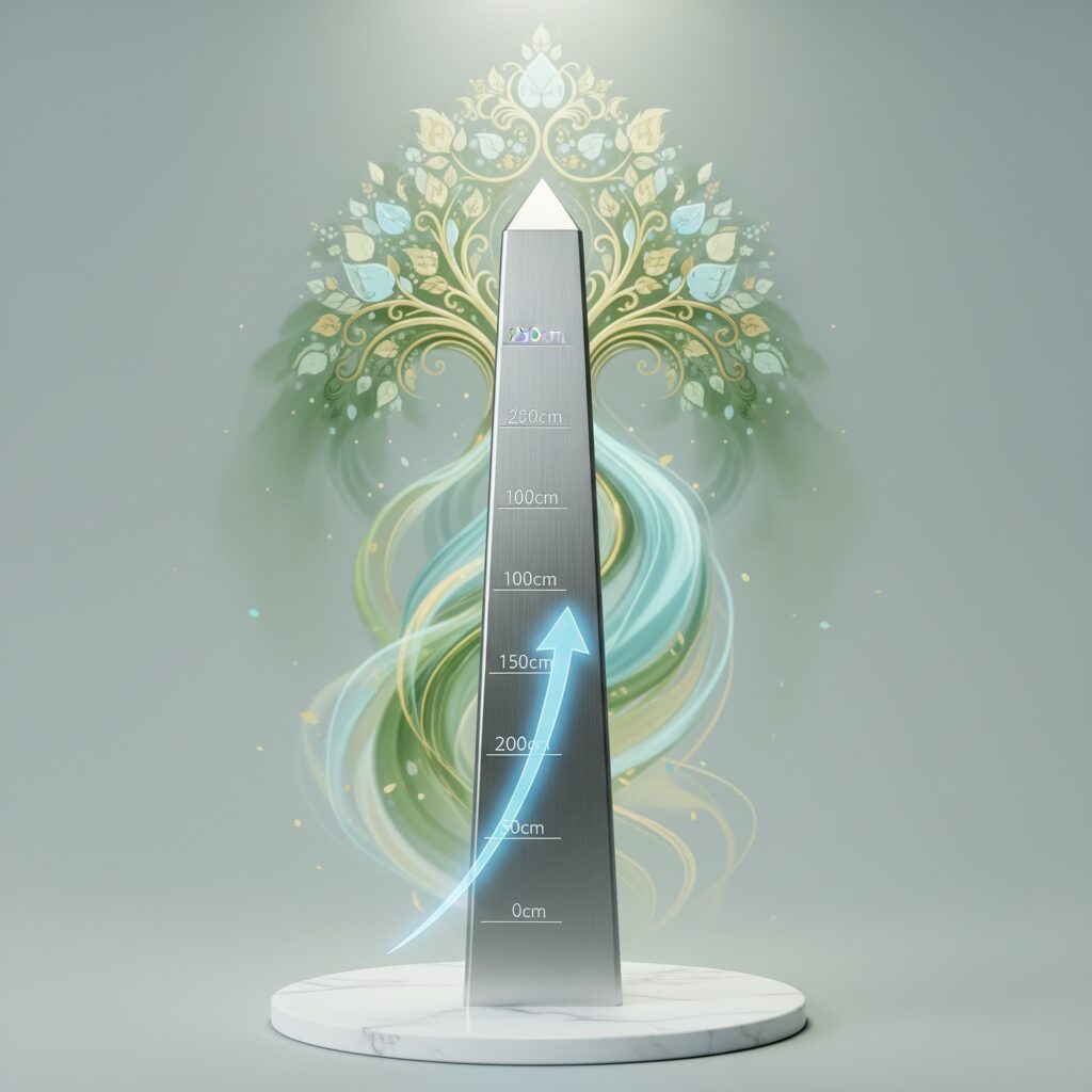 身長計と伸びゆくキャリアを象徴する抽象的な背景