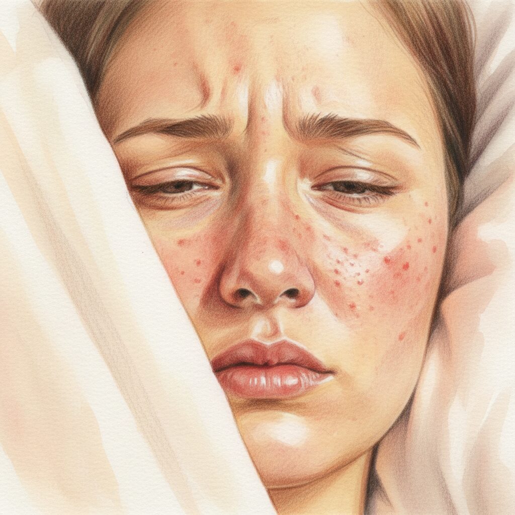 帯状疱疹による顔の痛みと発疹をイメージしたイラスト。早期発見・治療の重要性を伝える。