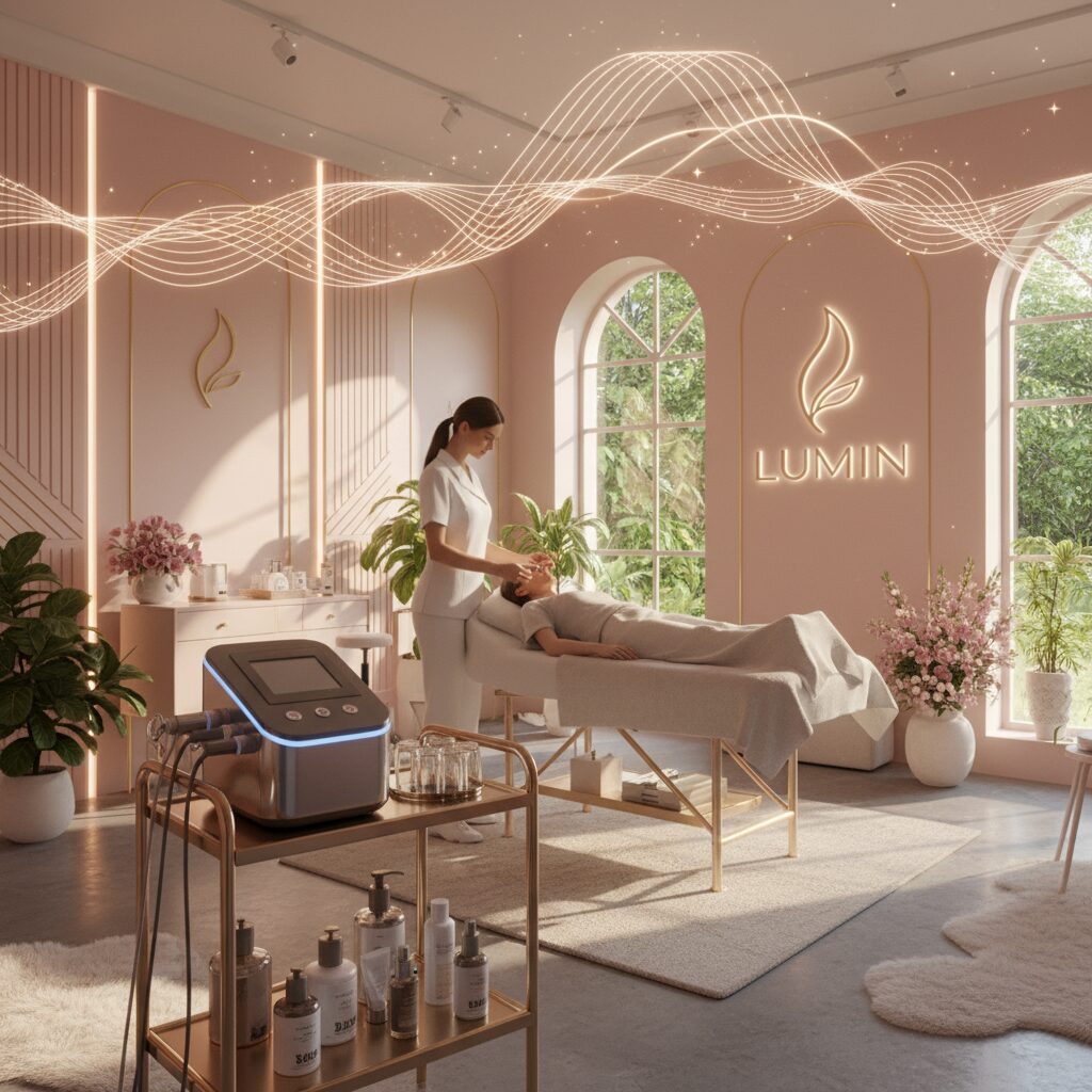 美容サロンの内部、肌のケアをする女性の手元と、先進的なエステ機器が配置されている様子。