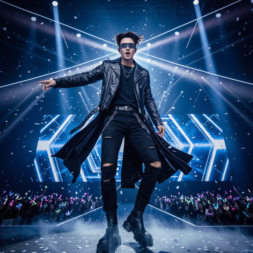 BTSジョングクのようなスタイリッシュな男性アイドルの全身像、ステージ上でパフォーマンスしている様子。