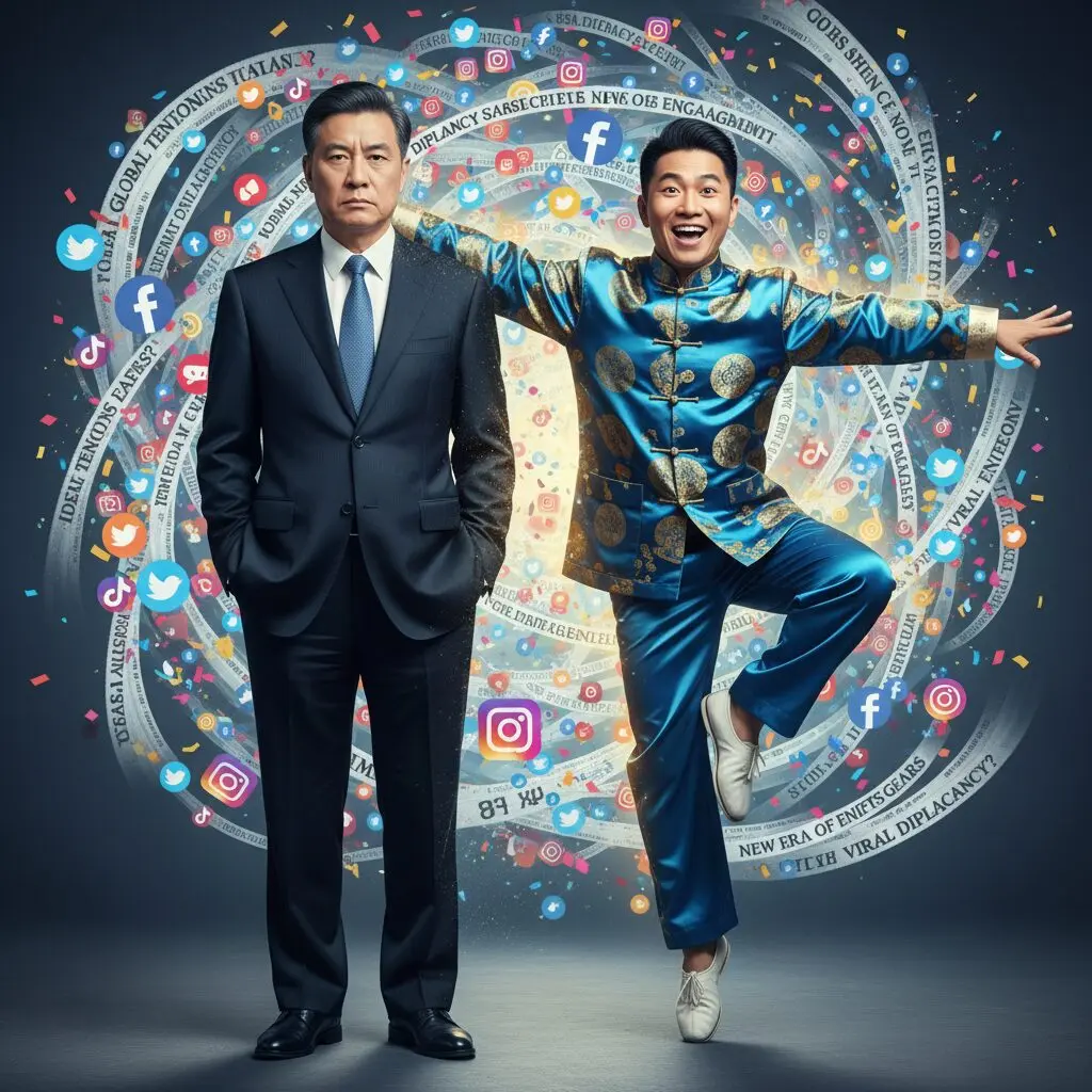 中国外務省の劉勁松アジア局長が、仏頂面でポケットに手を入れた姿から、AIによって軽快に踊る姿に変貌する様子を表す画像。