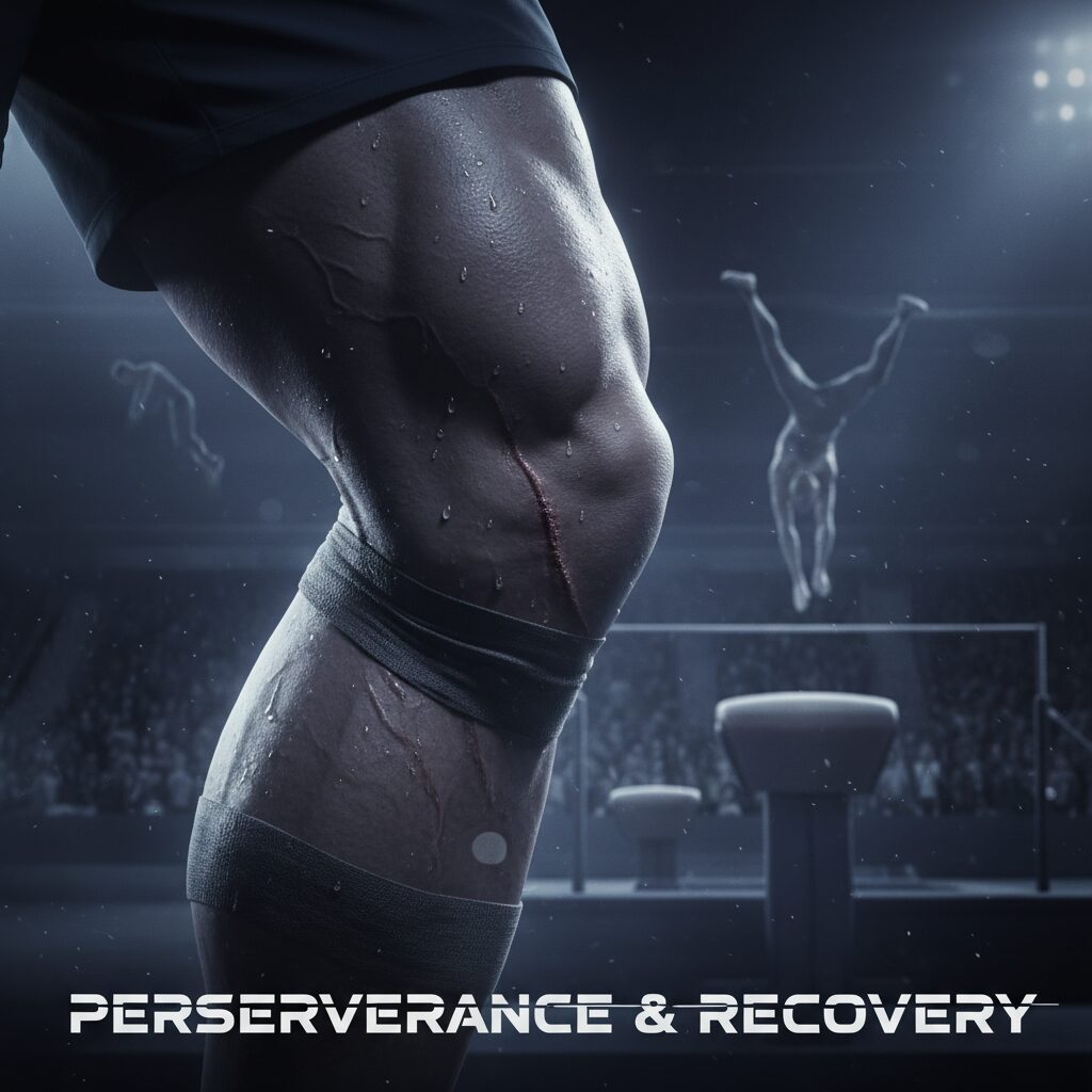 佐野岳がモンスターボックスで負傷した右膝と、復帰への強い意志を表現したイメージ