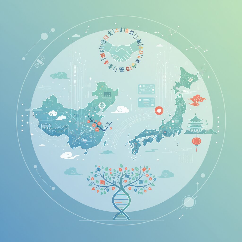 日本と中国が経済、技術、文化で協力し合うイメージ