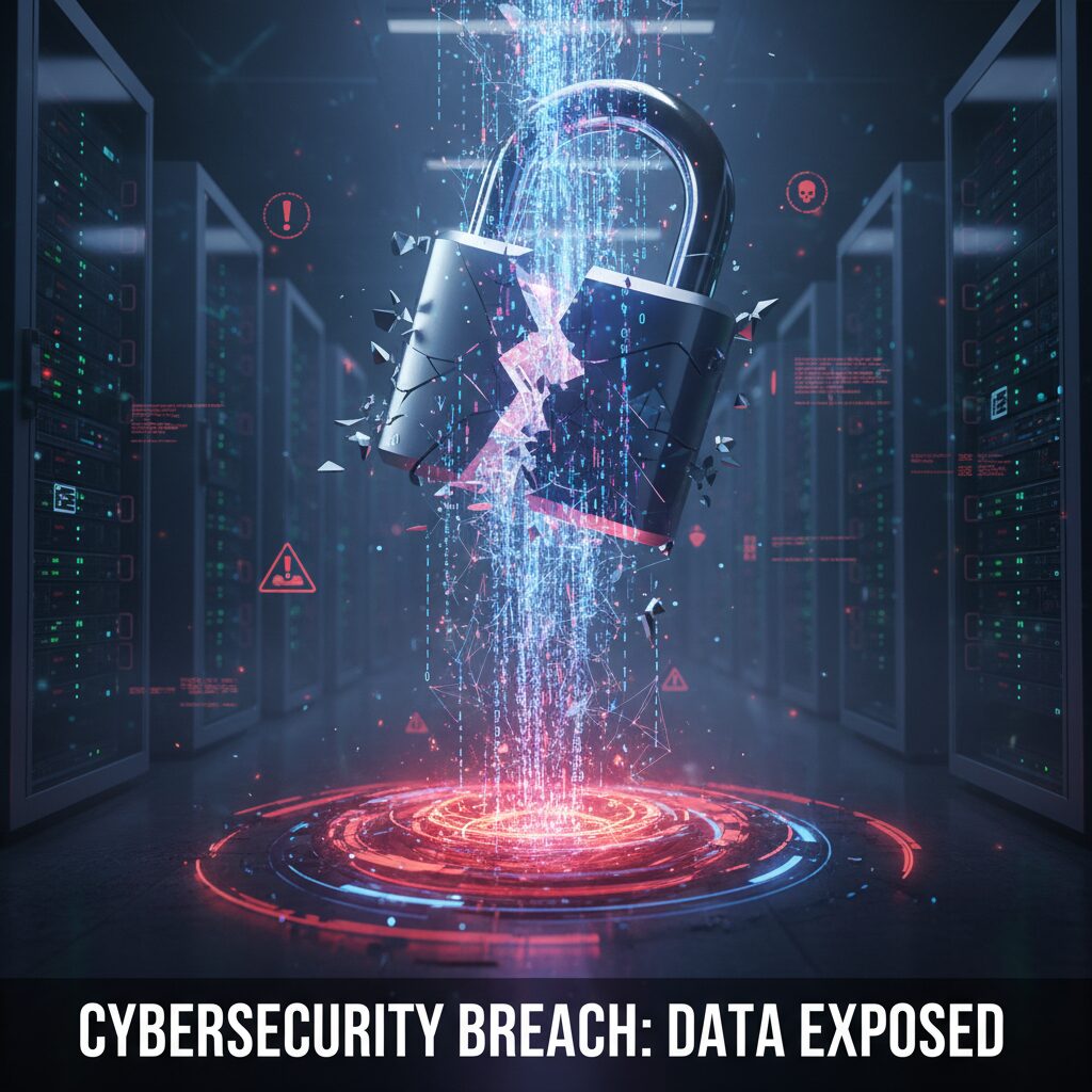 鍵穴から漏れ出すデジタルデータとサイバーセキュリティのイメージ