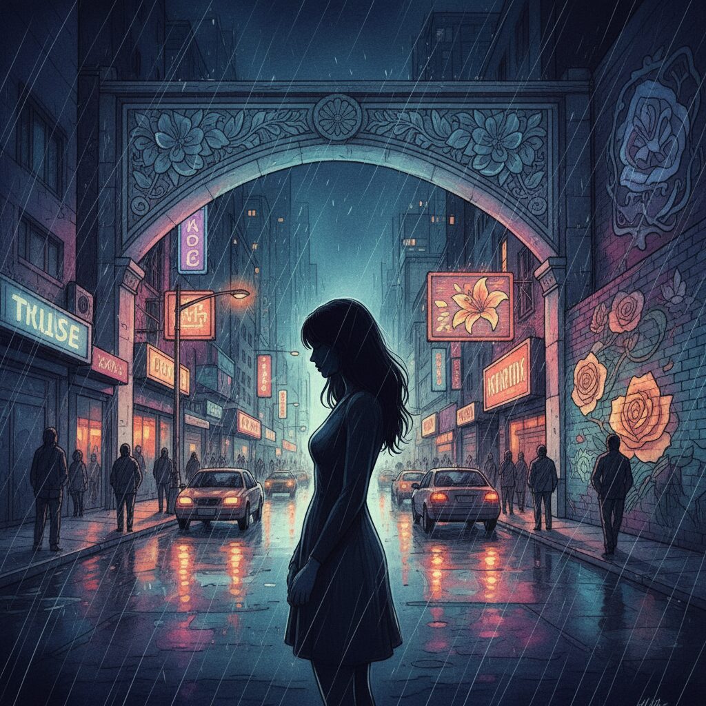 映画「ナイトフラワー」完成披露試写会の様子を表す、夜の都市風景と花のイラスト