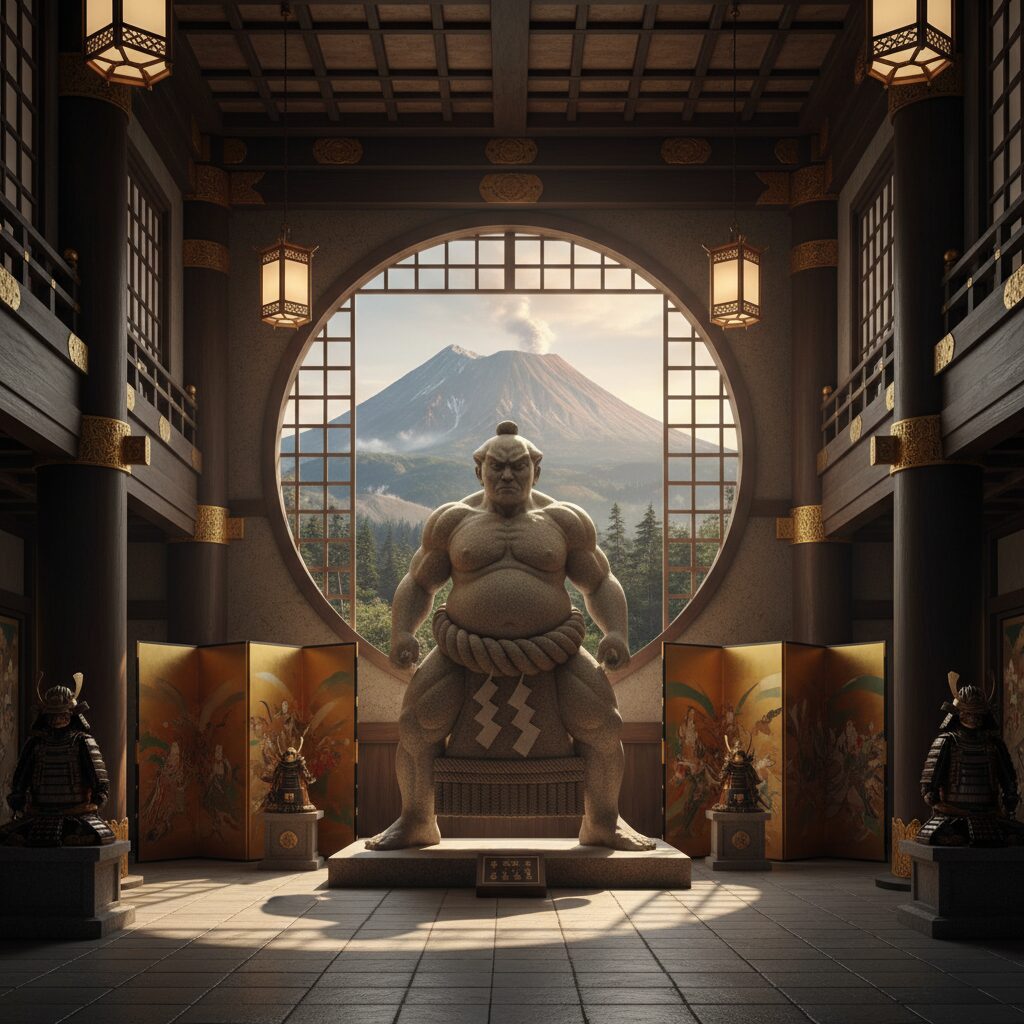 北の湖記念館の土俵入り像と壮瞥町の自然景観