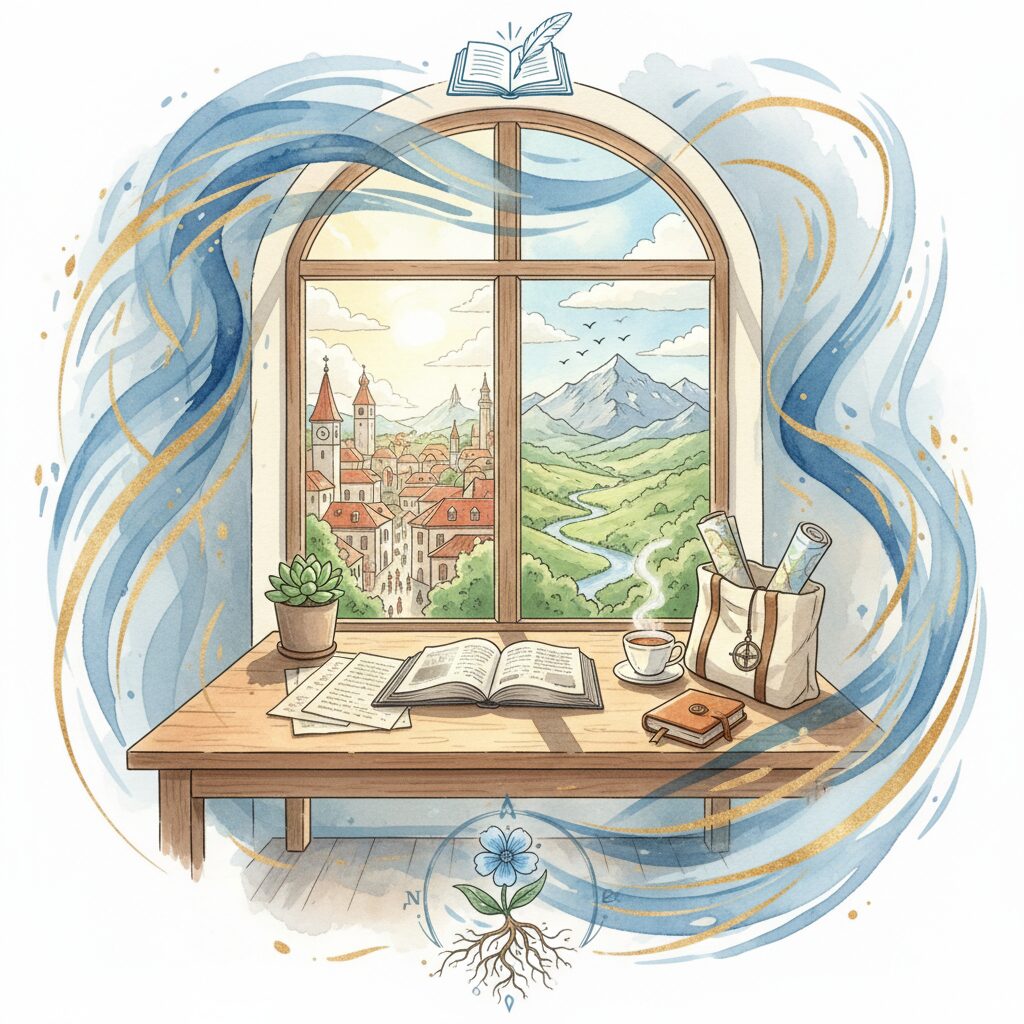 窓辺で勉強する学生の机と参考書、外には都市の風景。知性と変化の象徴。