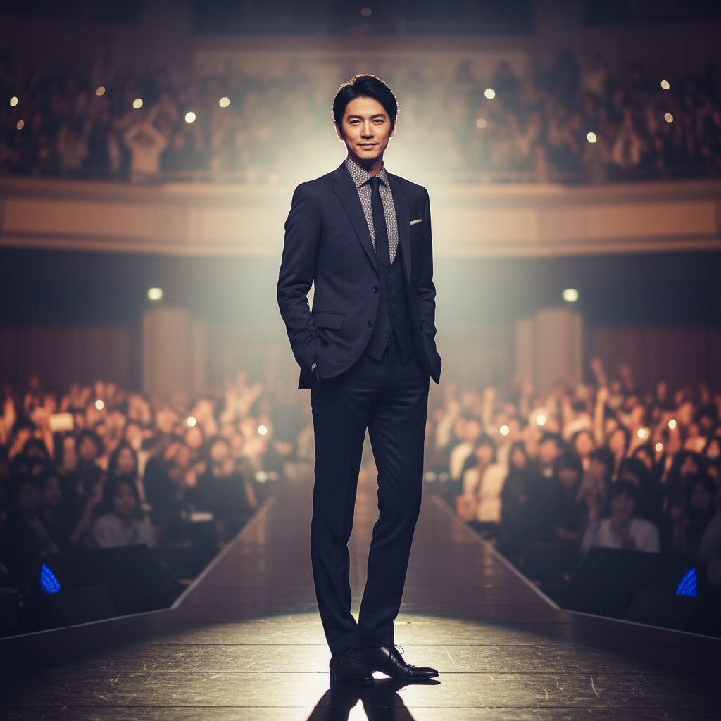 ステージ上で存在感を放つ長身の男性のイメージ