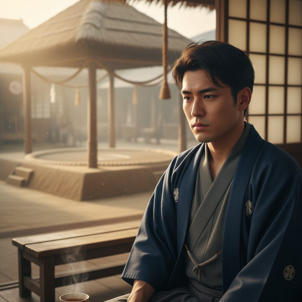 元横綱・北の湖の息子、俳優の北斗潤が穏やかな表情で佇む肖像。背景には相撲を連想させる和の空間がぼんやりと見える。