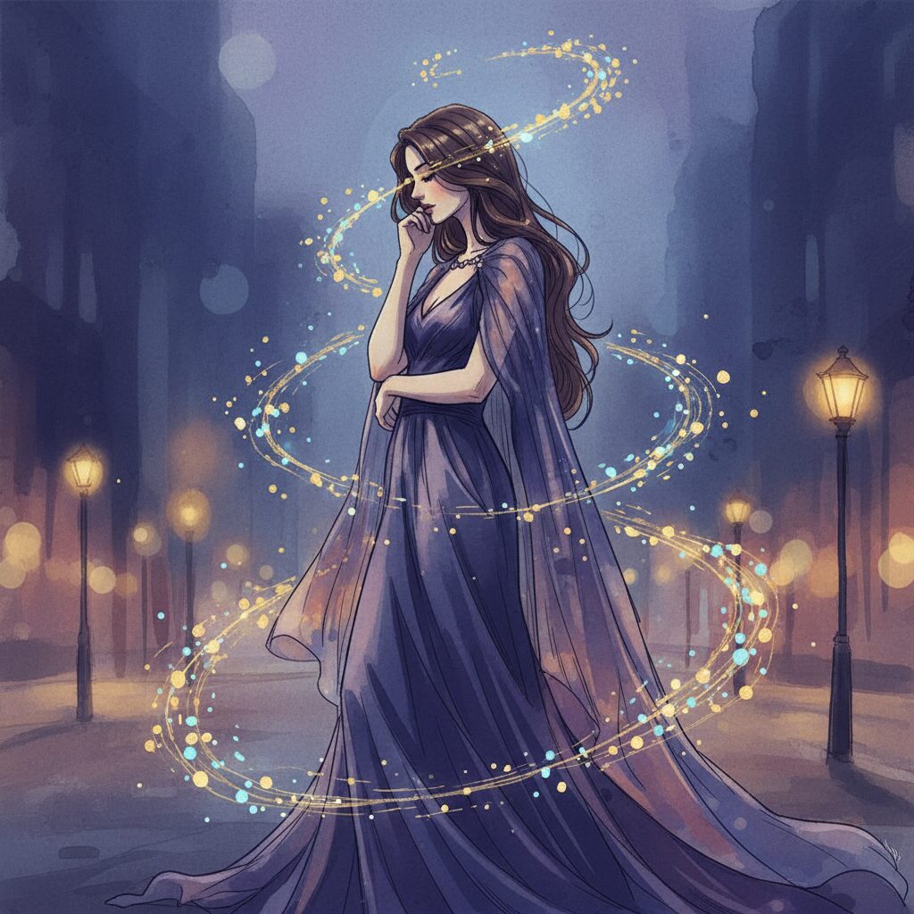 思慮深い表情の女性のイラストと、背景に都市の夜景がぼんやりと見えるイメージ