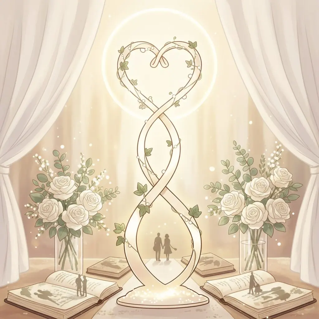 シン・ミナとキム・ウビンをイメージした、結婚を祝うロマンチックな雰囲気のイラスト