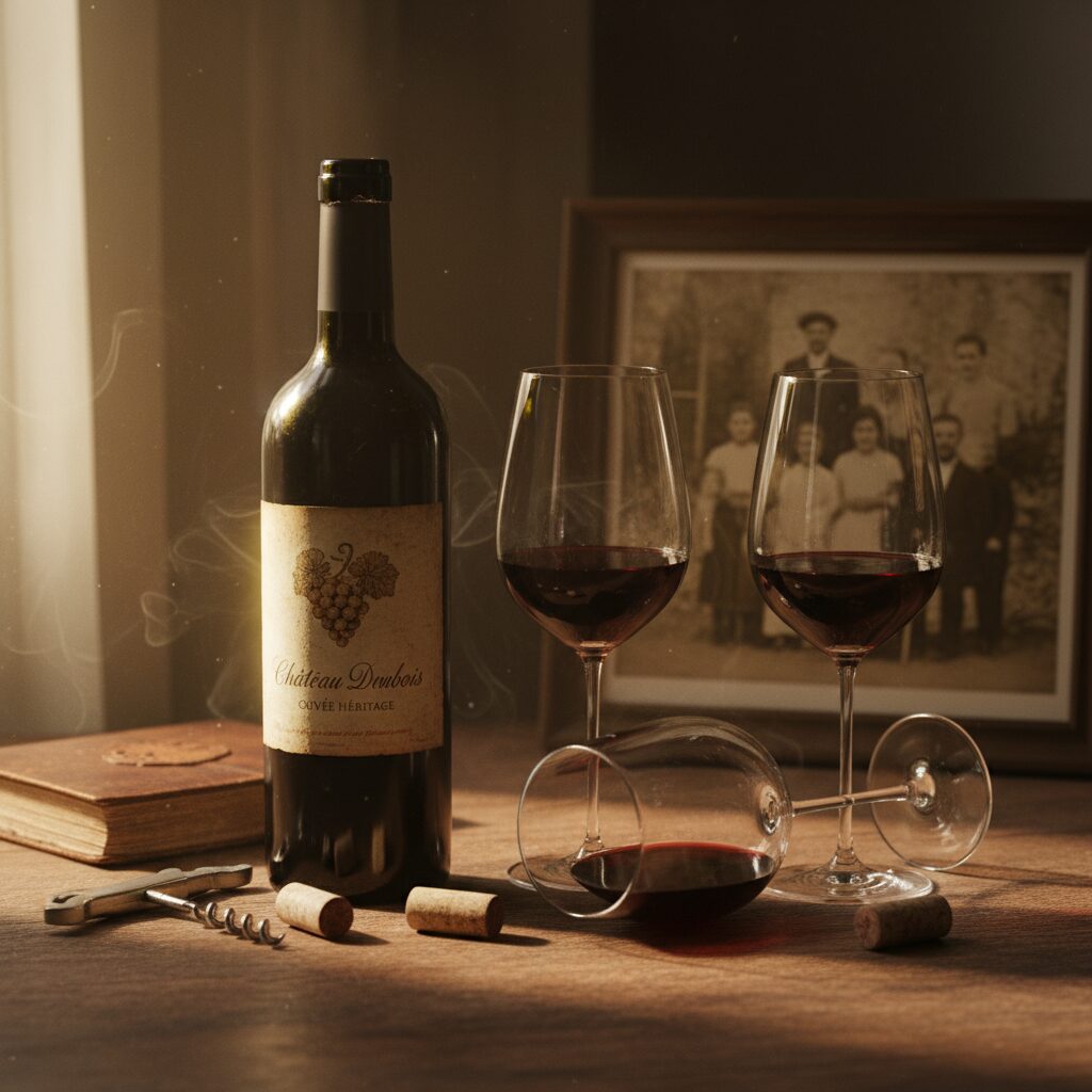 ワインボトルとグラス、家族の写真が写る静物画