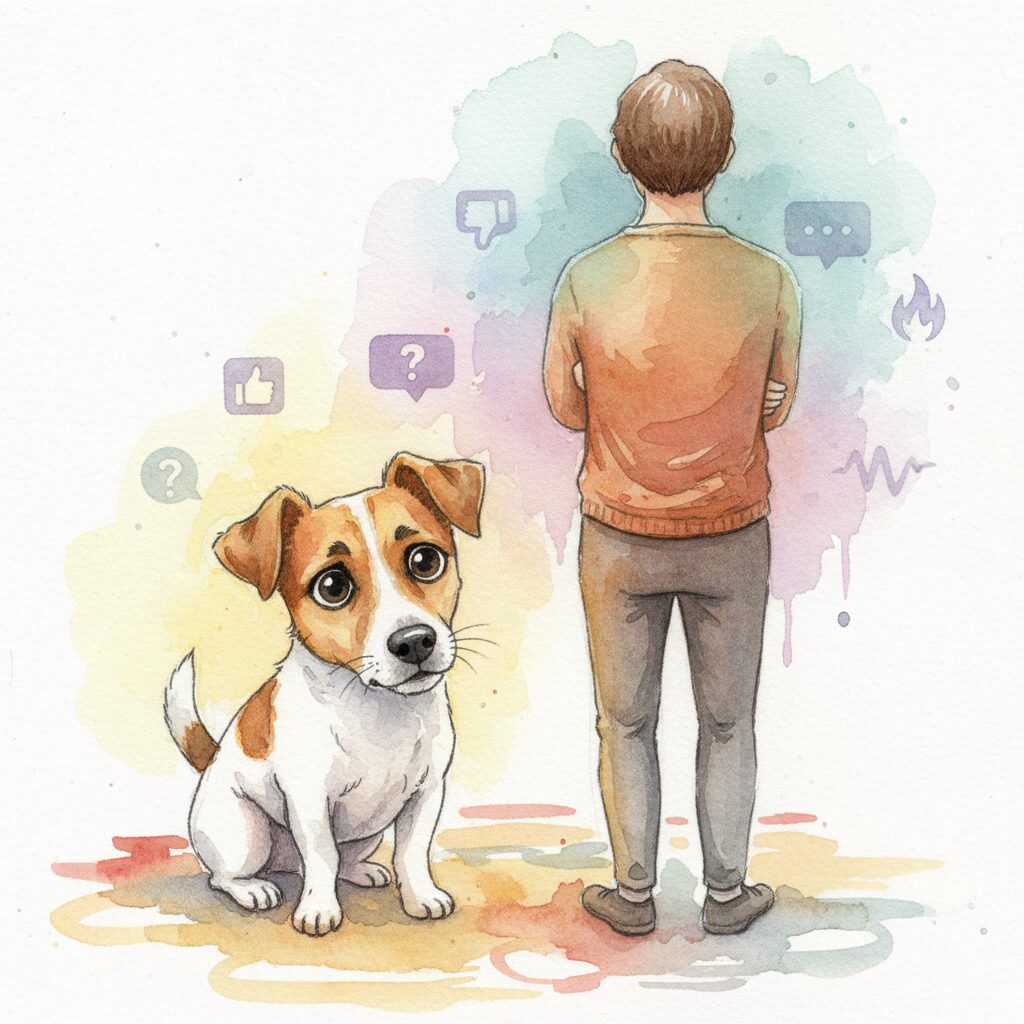 飼い主に無視され、少し寂しげな表情のジャック・ラッセル・テリア。SNSの炎上を連想させる背景。