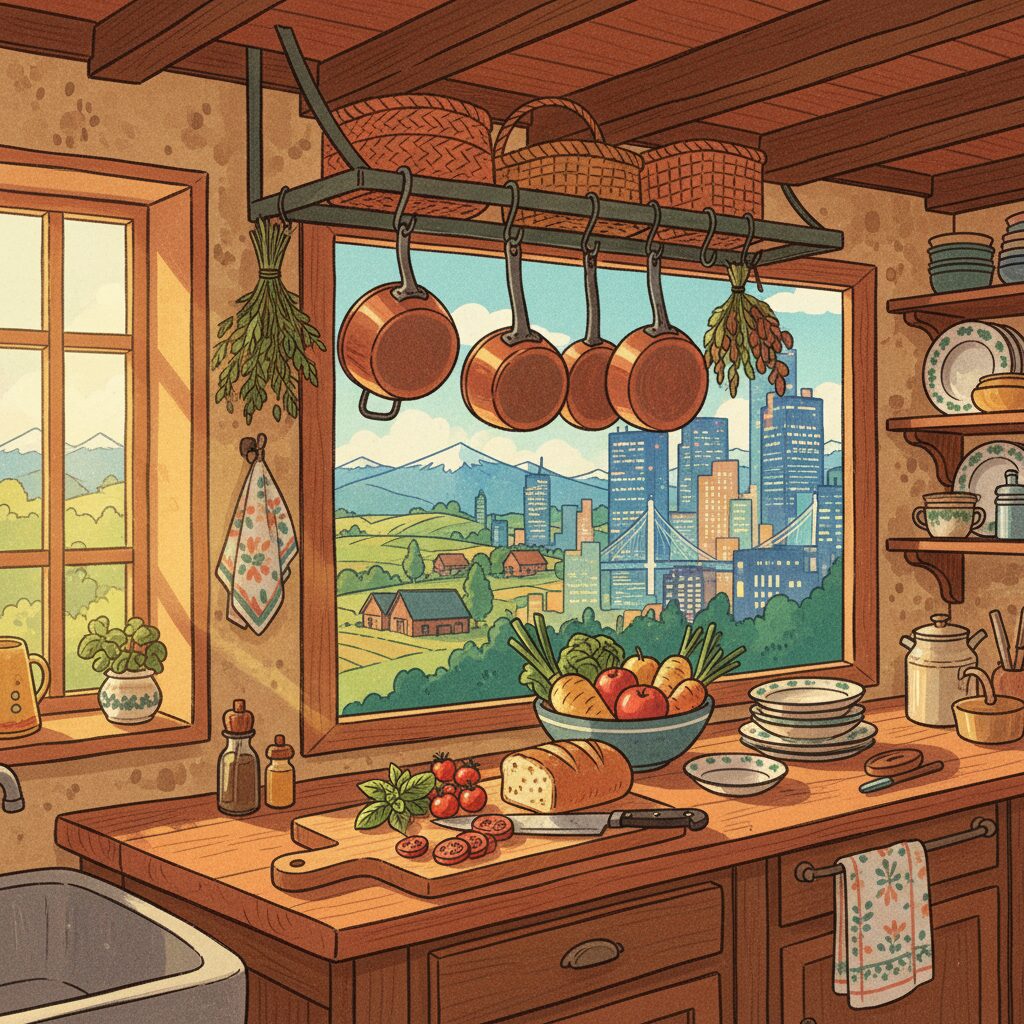 幼少期の料理エピソードと現在の函館・東京二拠点生活を連想させる、温かい雰囲気のキッチンと風景のイラスト