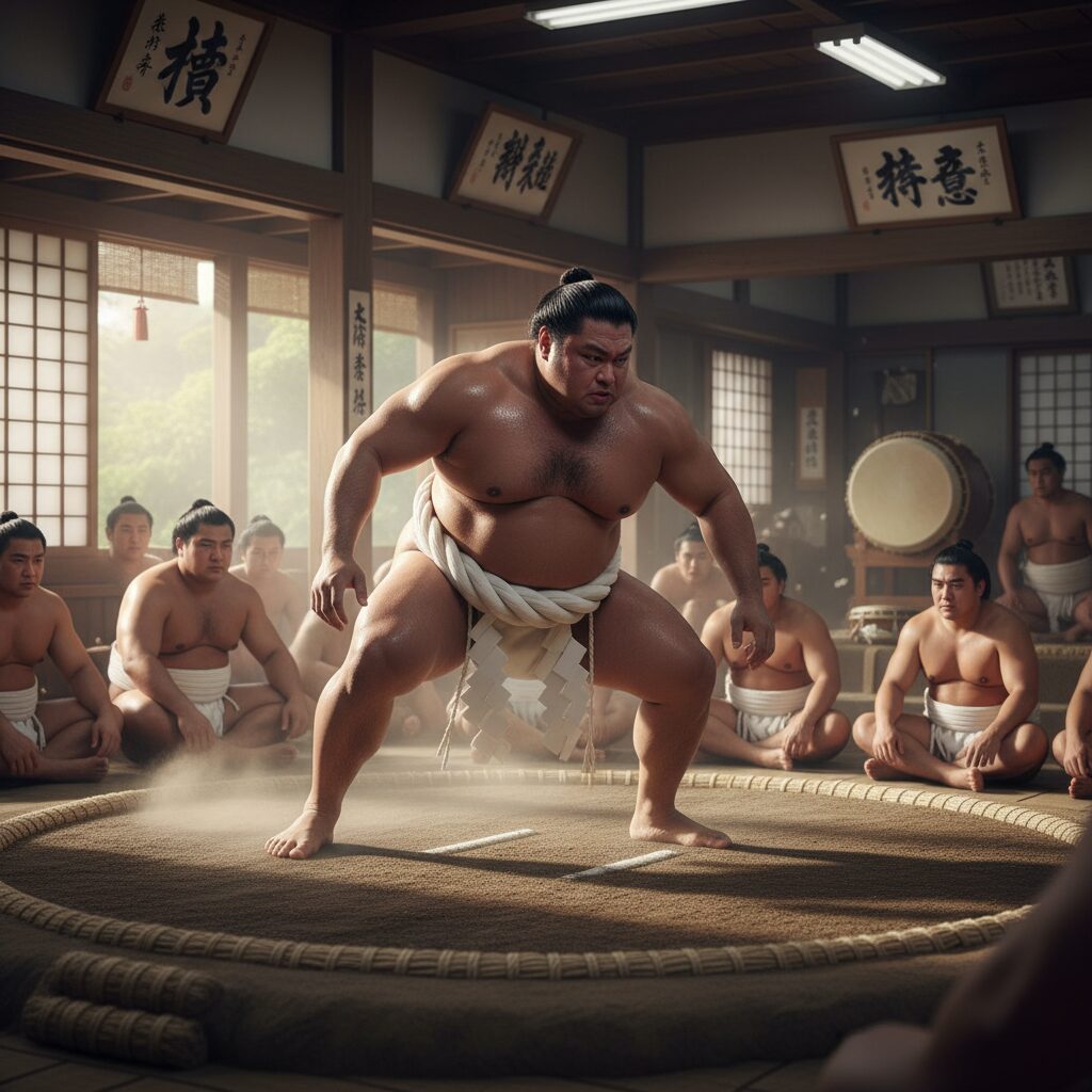 土俵で激しい稽古をする力士の姿。北の湖部屋の伝統と精神を象徴するイメージ。