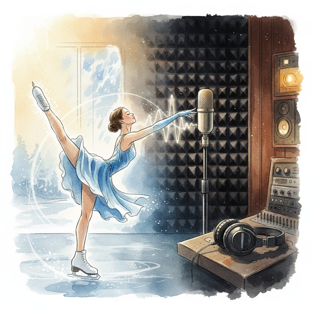 フィギュアスケートと声優の世界が融合するイメージ。