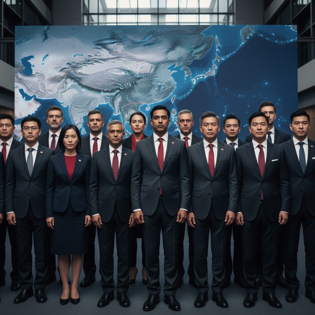 列国議会連盟（IPAC）の議員たちが結束し、国際的な問題に取り組む様子を示すイラスト。