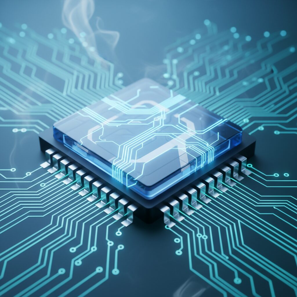 先端技術を象徴する2ナノメートル半導体チップのイメージ