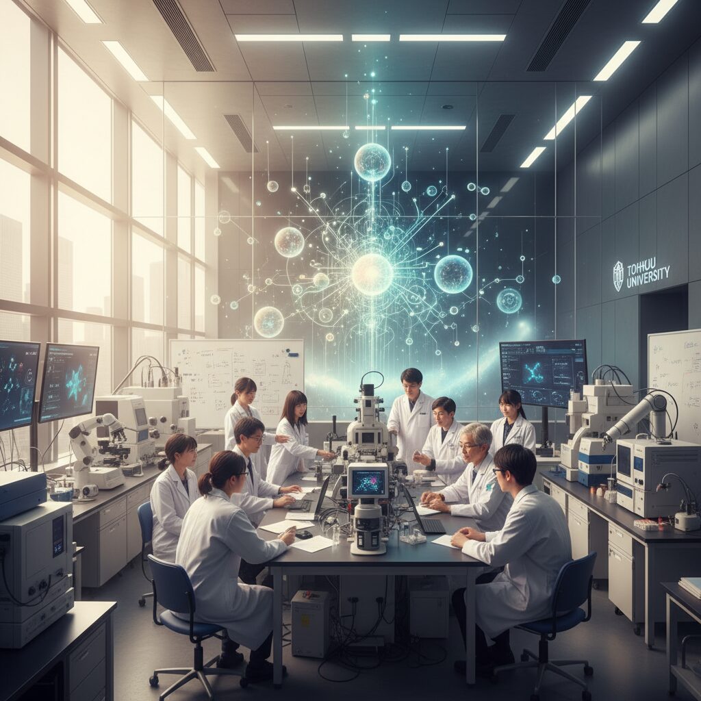 東北大学の研究室で多様な研究者が協力し、最先端機器を使用している様子