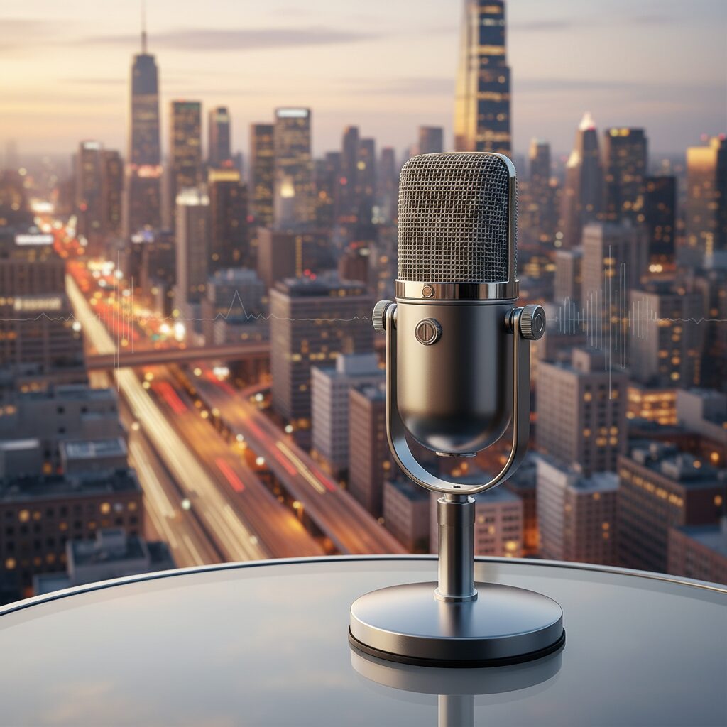 マイクと都市の夜景、有働由美子さんの輝かしいキャリアを象徴