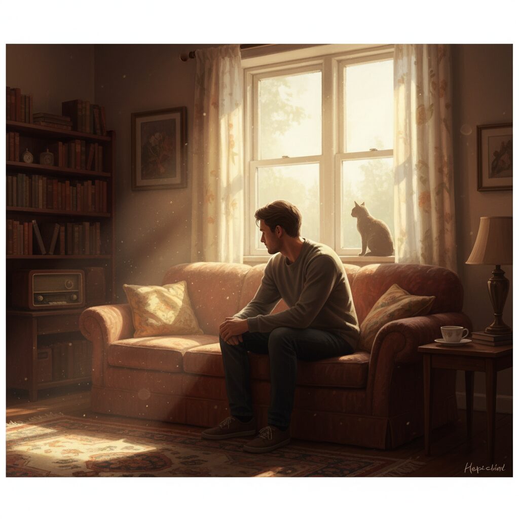 ソファに座り窓の外を見る男性と、窓辺の猫のシルエット。「世界から猫が消えたなら」の物語が問いかける”生きる意味”を象徴するイメージ。