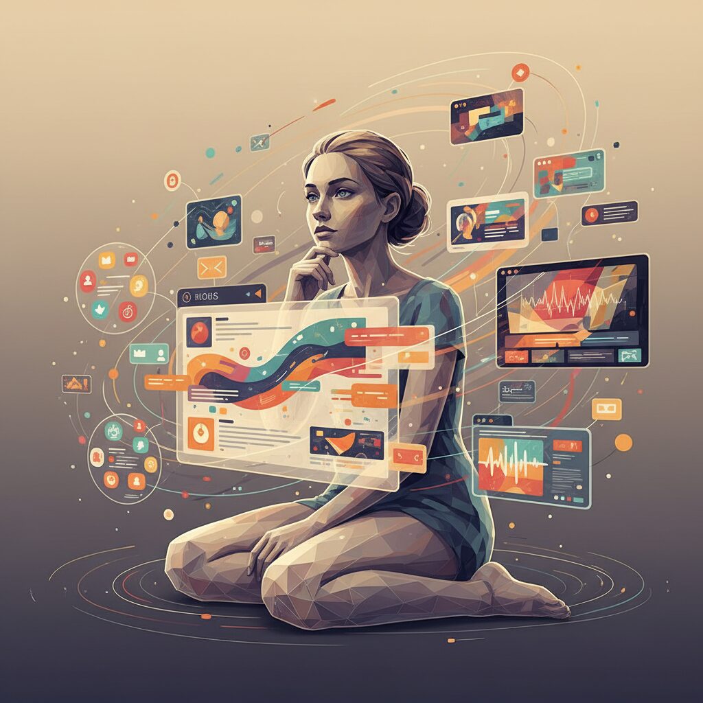 金子恵美のオンライン活動を示す、ブログ、SNS、テレビ画面が融合したイメージ。