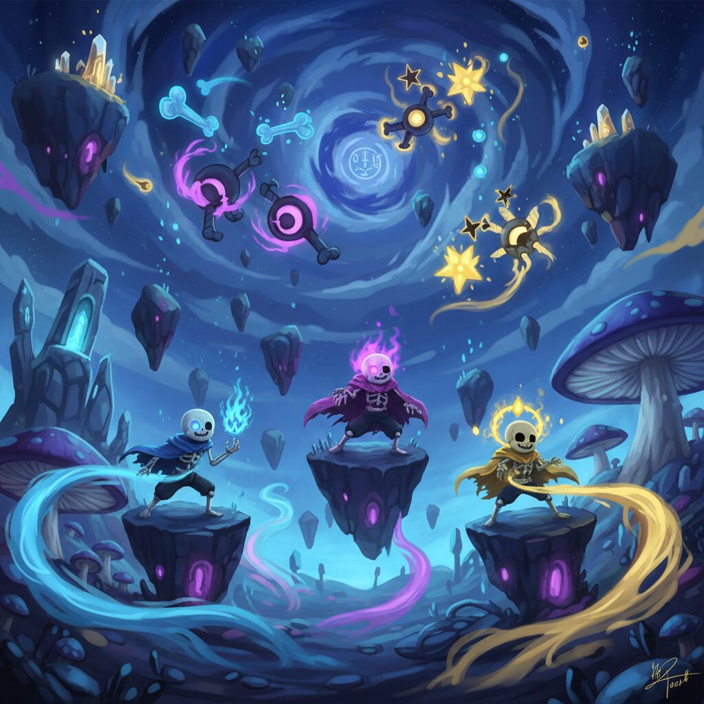 多様なAUサンズキャラクターの要素が融合した幻想的なイラスト