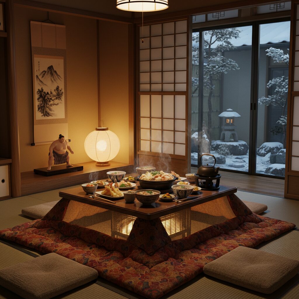 御嶽海関の奥様の存在を象徴する、温かい家庭の風景と料理のイメージ