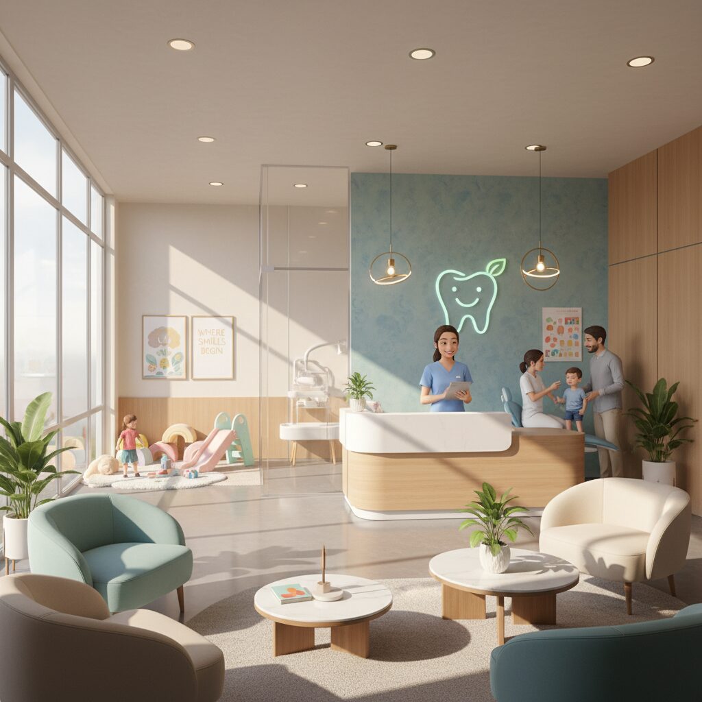 八尾市のふくら歯科診療所の受付とキッズスペース。笑顔の歯科医師が子供と話している様子。