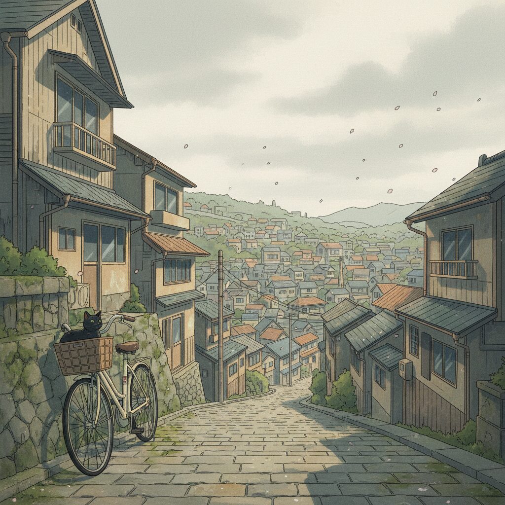 函館の街並みを背景に自転車と猫が描かれた映画『世界から猫が消えたなら』のアイキャッチ画像