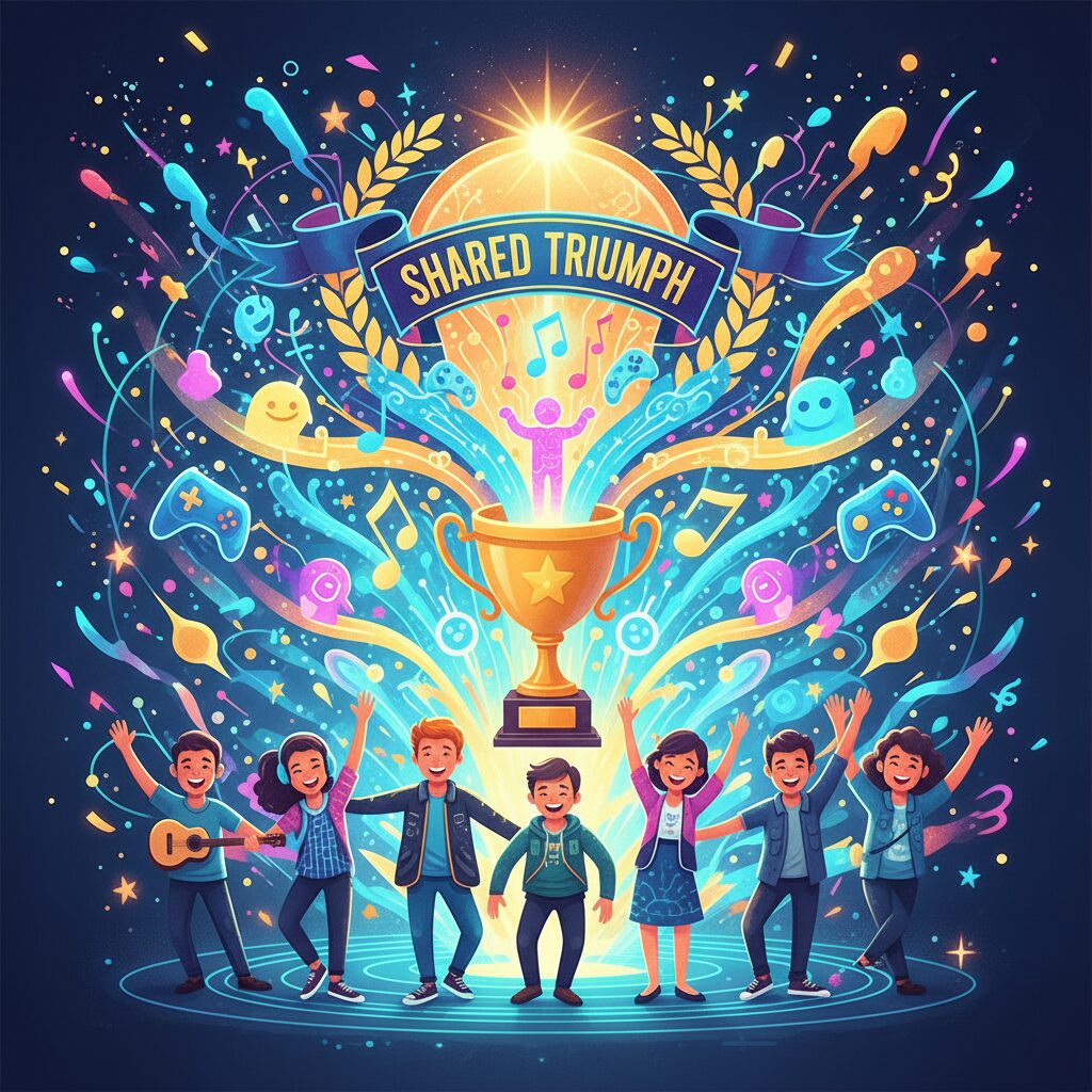 音楽、ゲーム、VTuber業界のミリオン達成を象徴するイラスト。